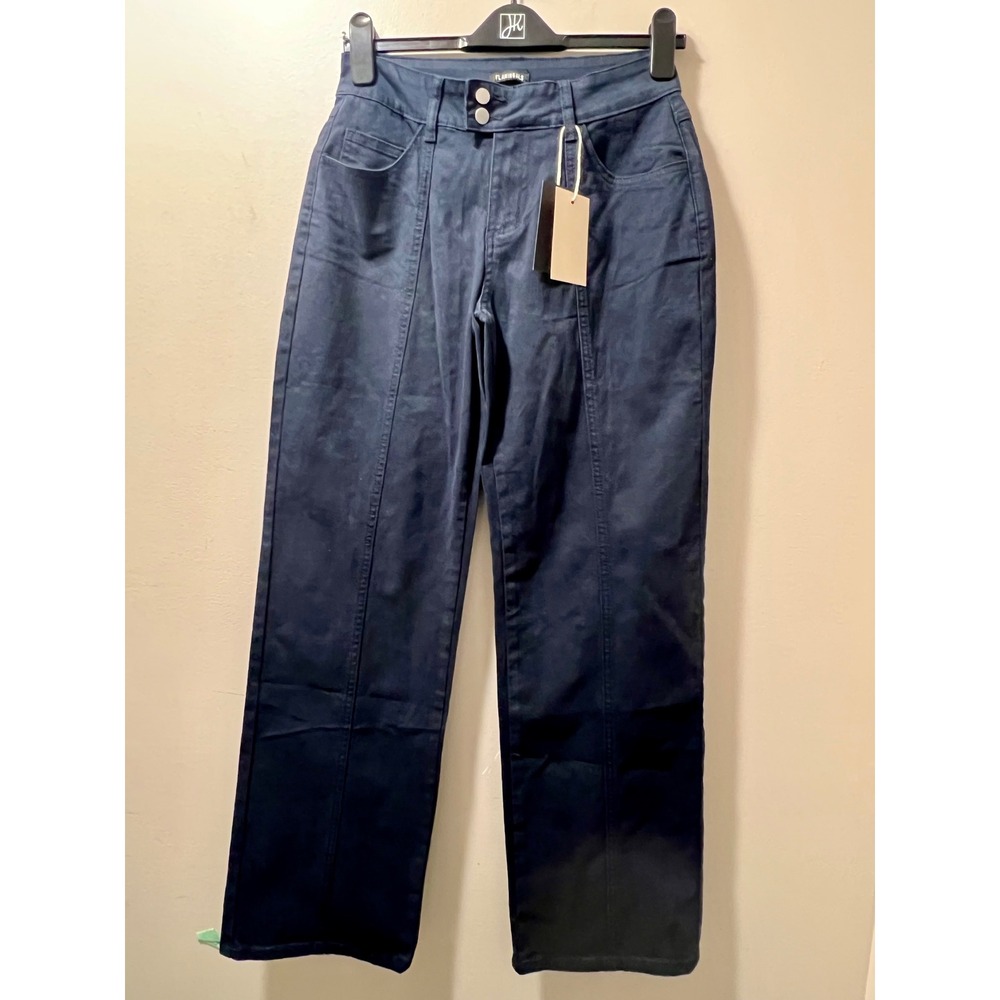 Flamingals Navy Blue High Waisted Straight Leg Trousers Double Button Pants NWT